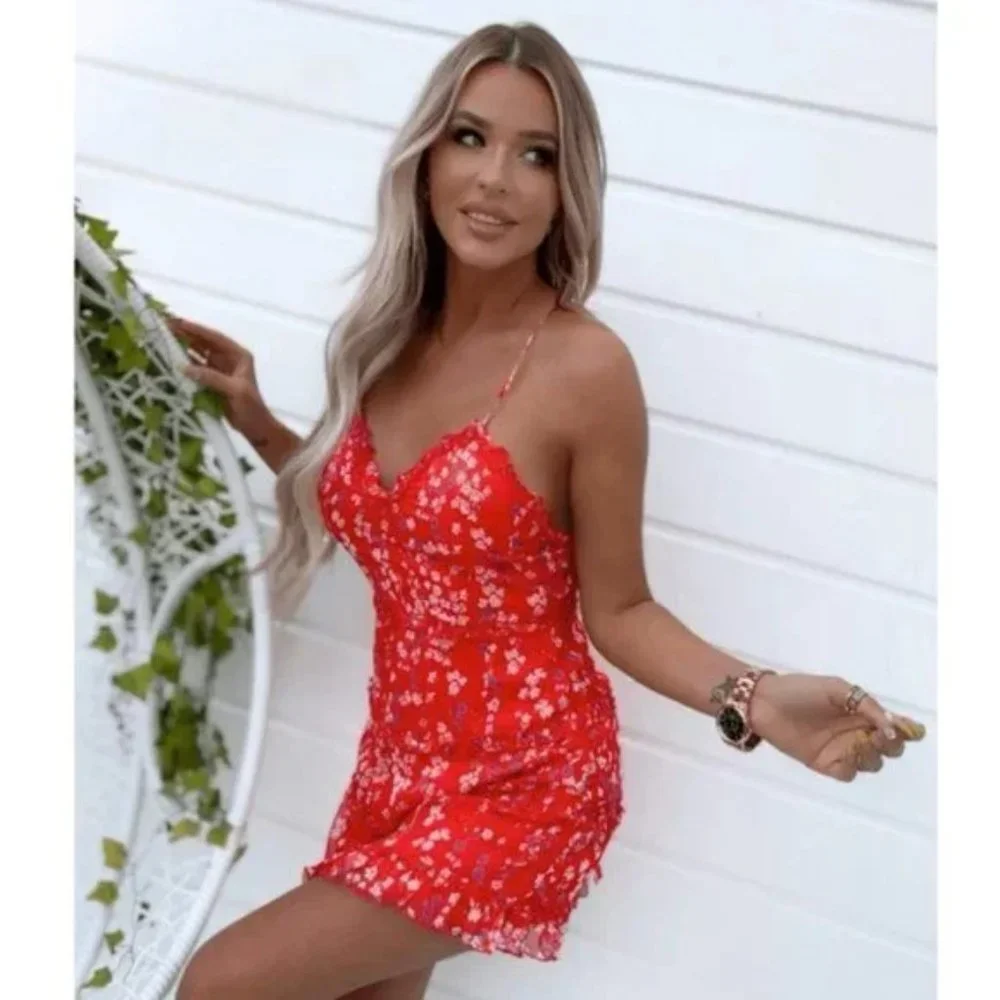 Red Floral Print Sleeveless V-Neck Open Back Backless Mini Dress - Picture 7 of 7